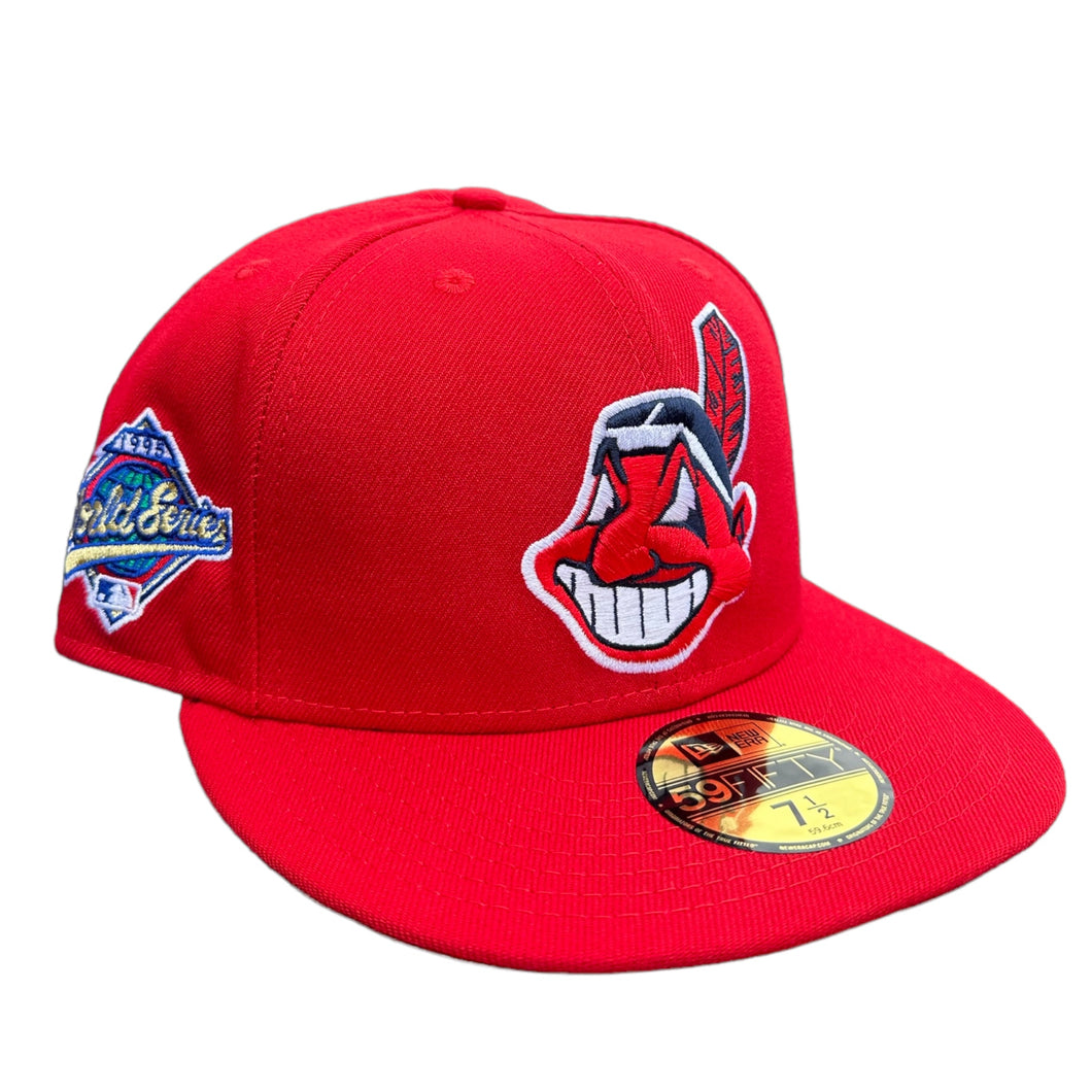 NEW ERA 59FIFTY CLEVELAND INDIANS WAHOO 1995 WORKD SERIES DOUBLE PATCH